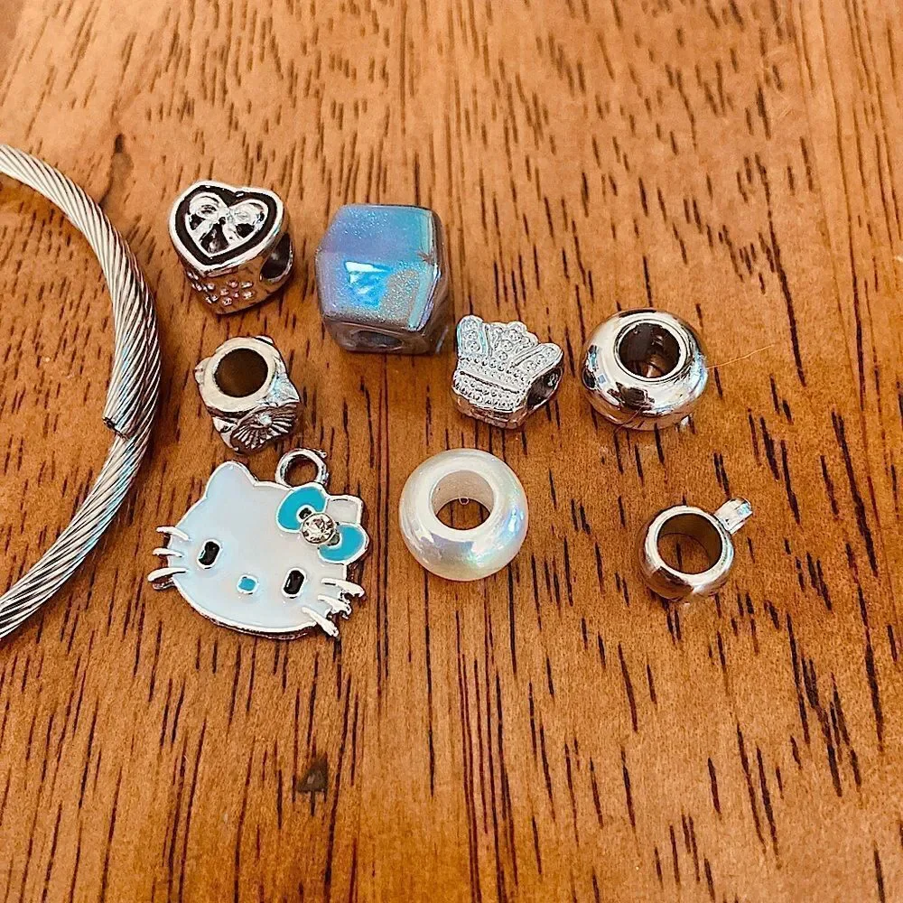 Unique Pandora Style Charm Bracelet DIY Customizable Kitty Pearl & Heart Beads